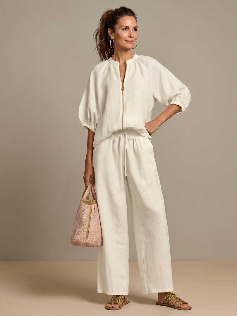 Natalia | Conjunto de Top Blusón con Cremallera y Pantalones de Pierna Ancha