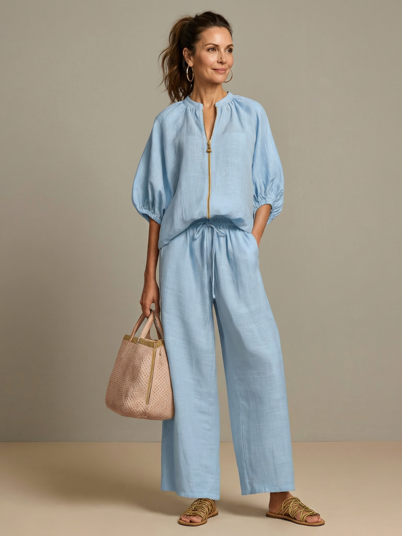 Natalia | Conjunto de Top Blusón con Cremallera y Pantalones de Pierna Ancha