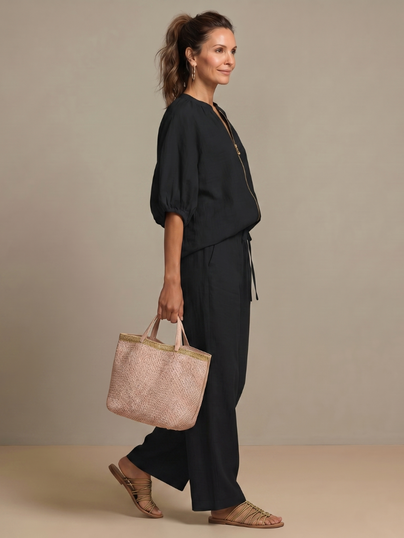 Natalia | Conjunto de Top Blusón con Cremallera y Pantalones de Pierna Ancha