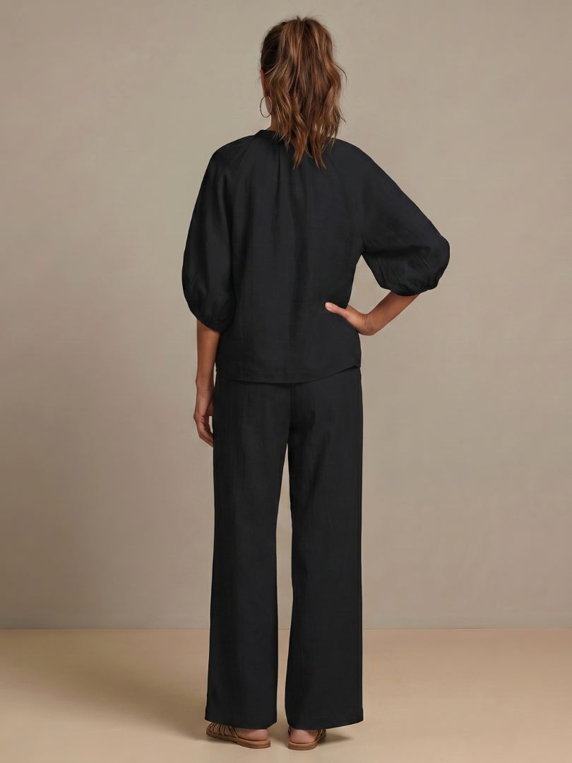 Natalia | Conjunto de Top Blusón con Cremallera y Pantalones de Pierna Ancha