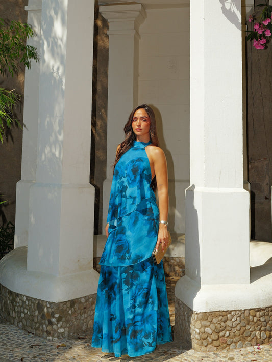 Vestido largo halter volantes estampado petróleo