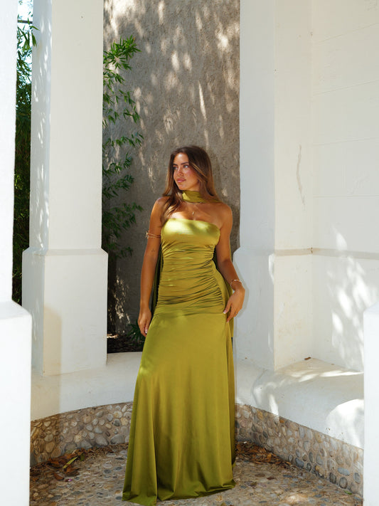 Vestido vuelo entrelazado oliva