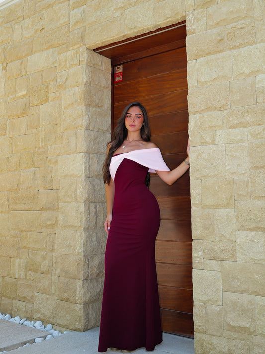 Vestido asim manga multi burdeos