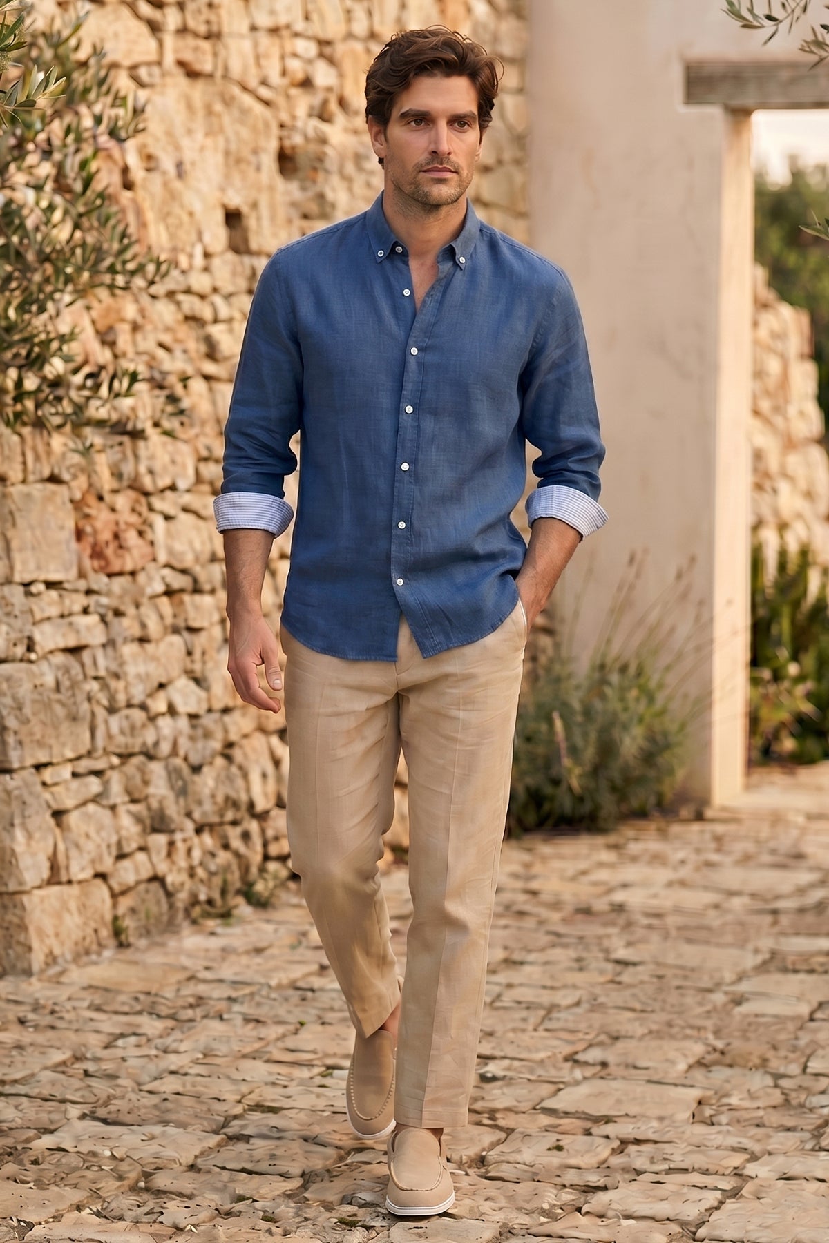 Camisa de lino azul real