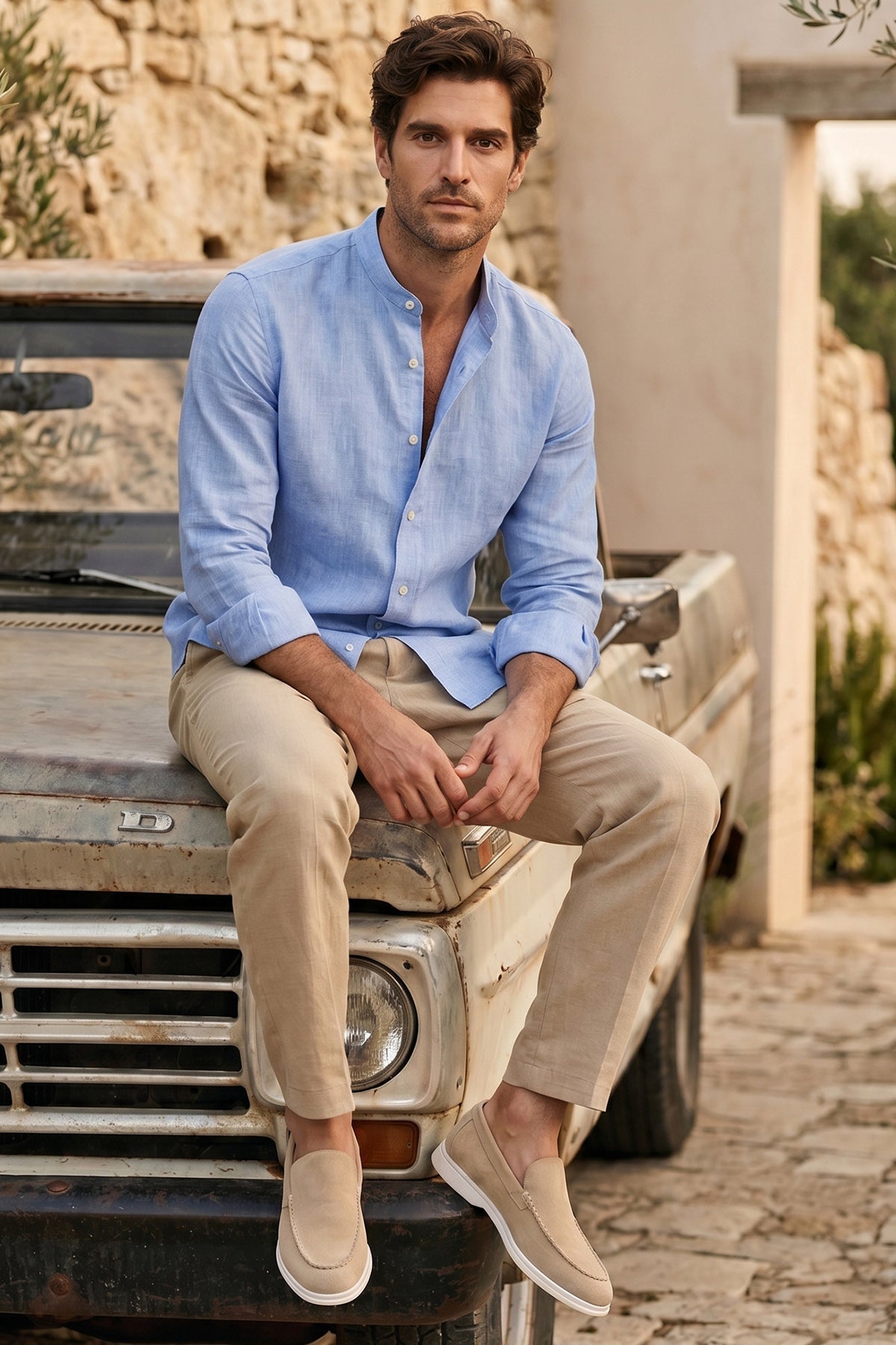 Camisa Mao Lino Puro Azul Claro
