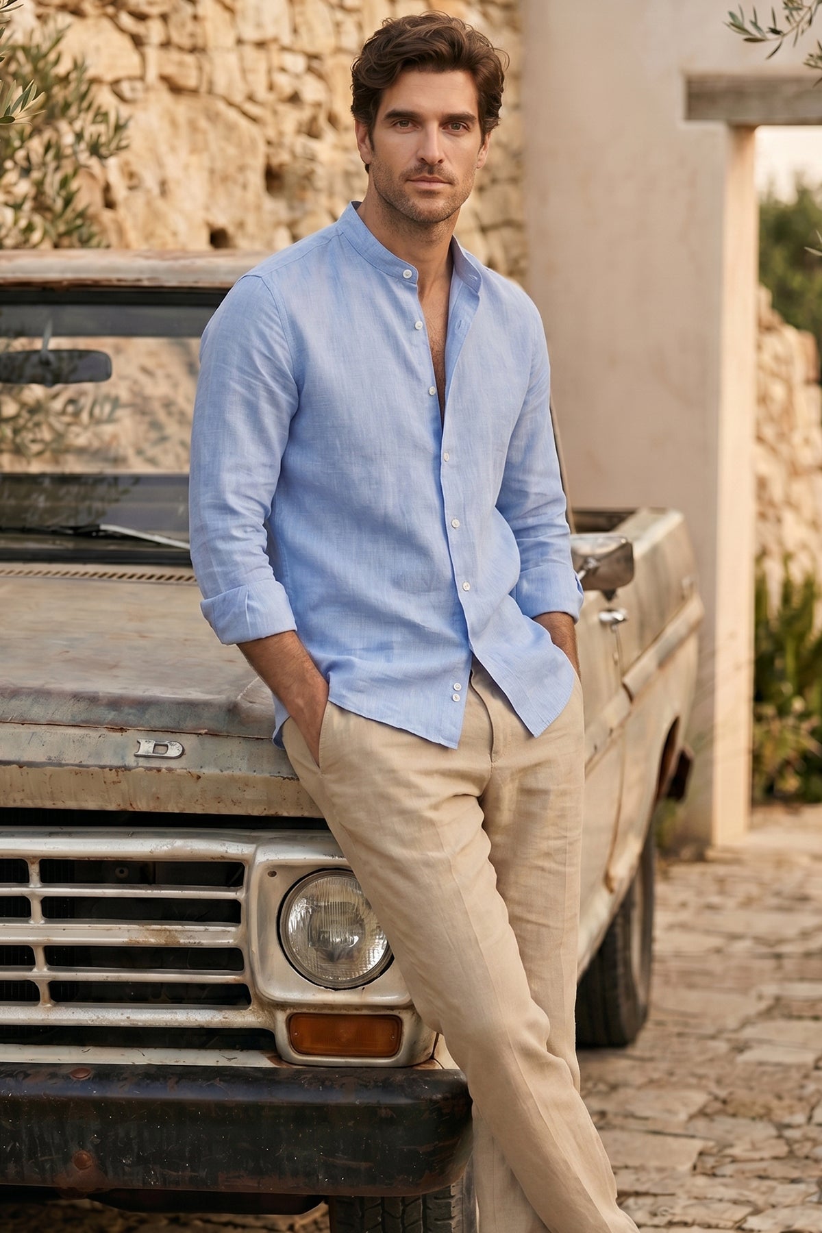 Camisa Mao Lino Puro Azul Claro