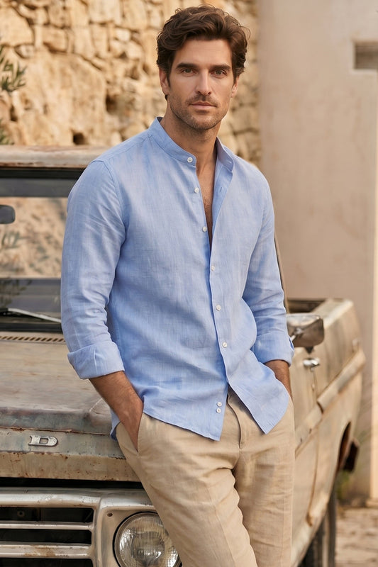 Camisa Mao Lino Puro Azul Claro