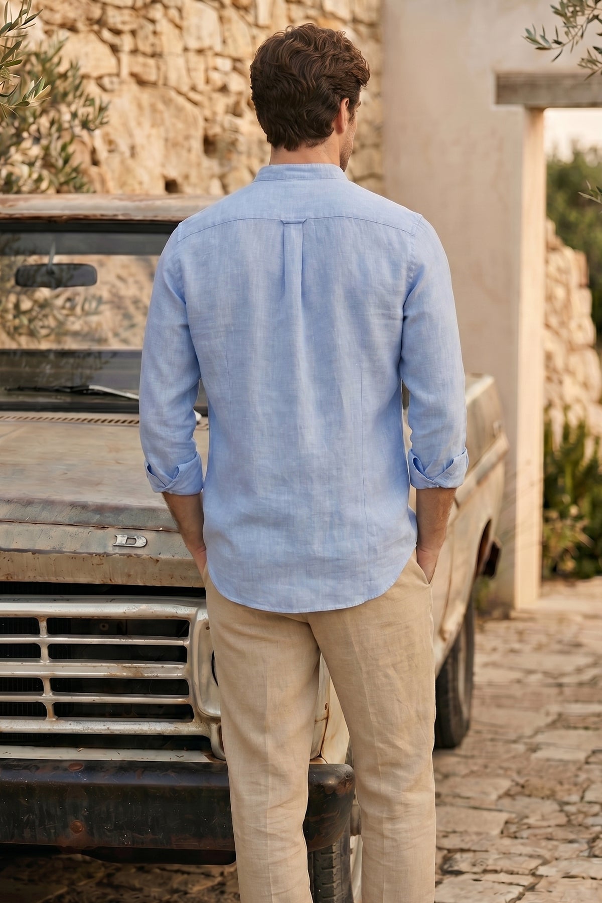 Camisa Mao Lino Puro Azul Claro