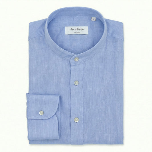 Camicia Lino Celeste Colletto Coreano
